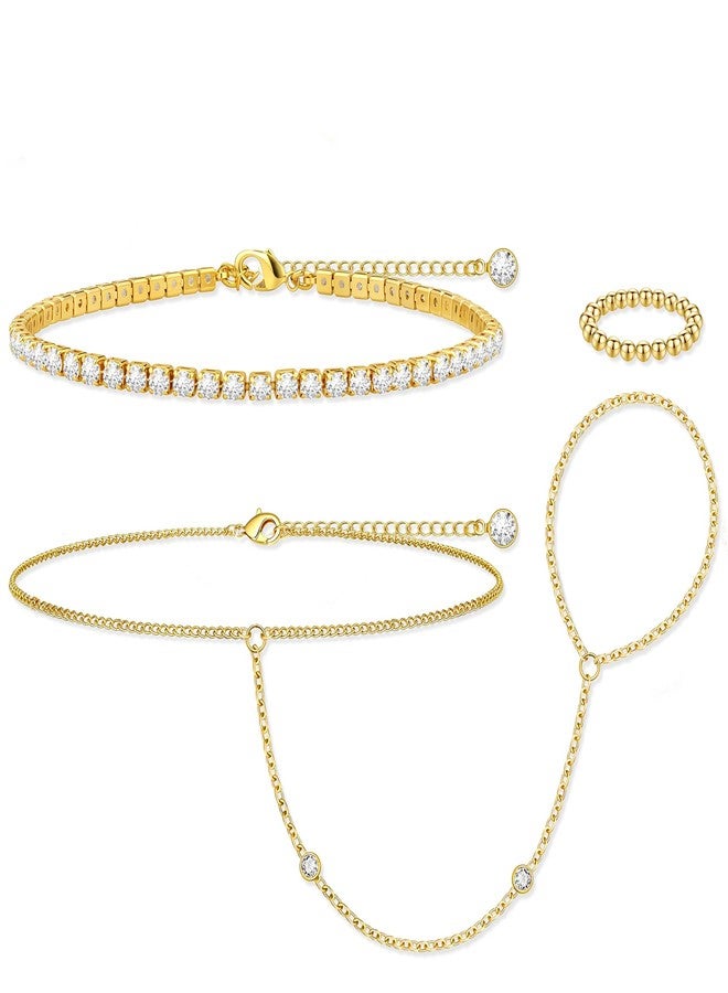 MOINSPIRE Gold Hand Chain Bracelet for Women-3PCS 14K Gold Plated Trendy Dainty Adjustable Stackable Tennis Link Ring Bracelet Hand Chain, Elastic Beaded Rings Non Tarnish Jewelry Gift for Women - Image 1